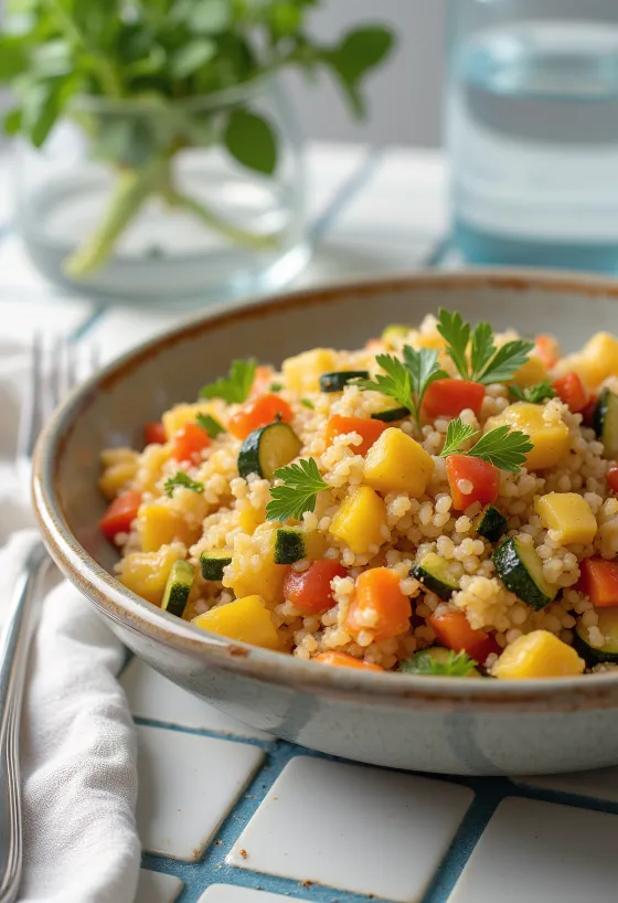 Bulgur sayuran disajikan dengan potongan paprika segar, tomat, dan zucchini