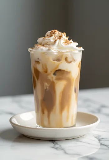 Es kopi kayu manis dengan krim kocok dan hiasan kayu manis