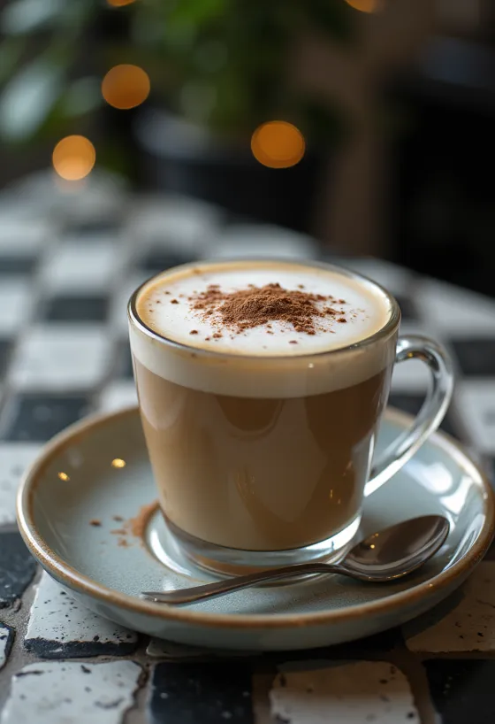 Cangkir kopi berbusa dengan taburan bubuk kakao