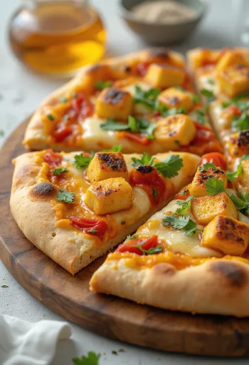 Paneer tikka pizza dengan saus yogurt dan sayuran
