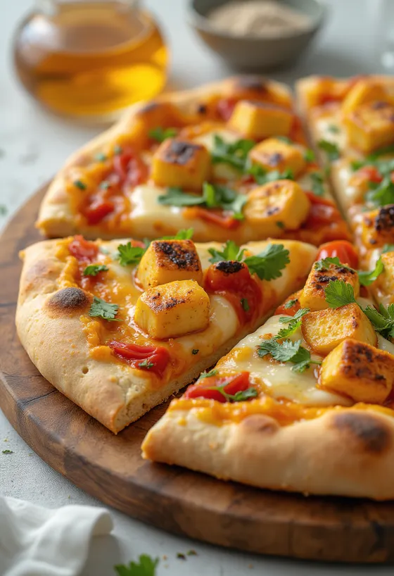 Paneer tikka pizza dengan saus yogurt dan sayuran
