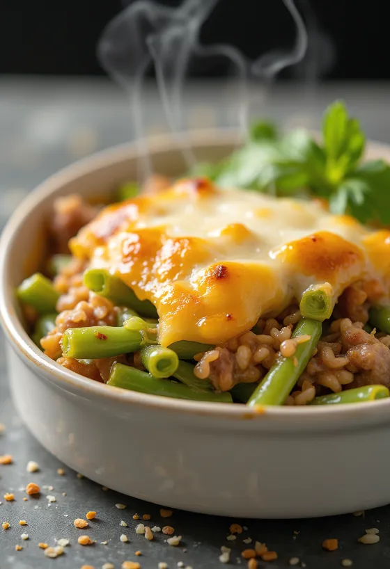 Buncis lapis dengan krim asam segar dan keju panggang di atasnya.