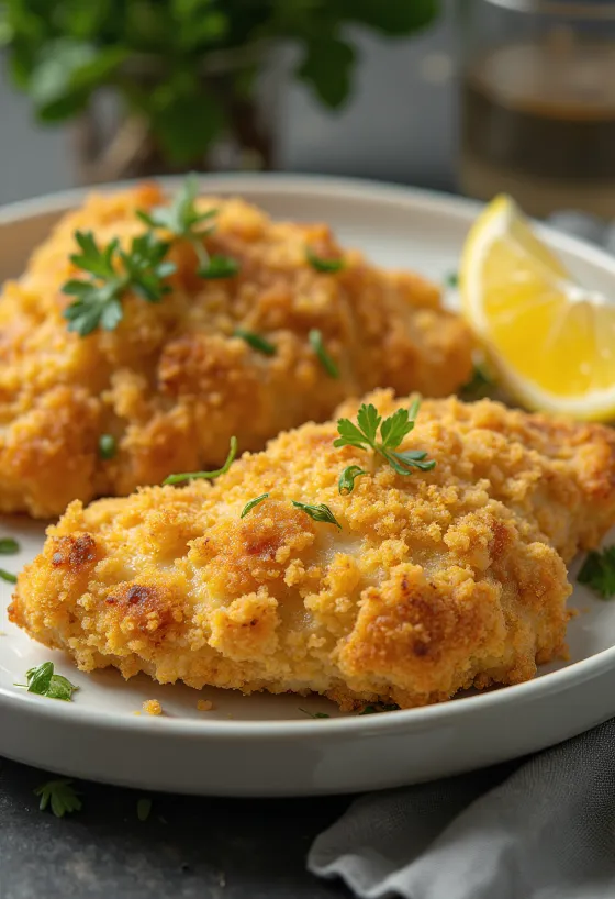 Dada ayam goreng tepung coklat keemasan disajikan dengan salad