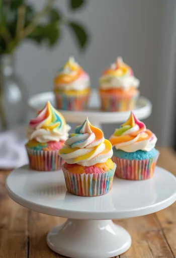 Cupcake busa pelangi yang baru dipanggang