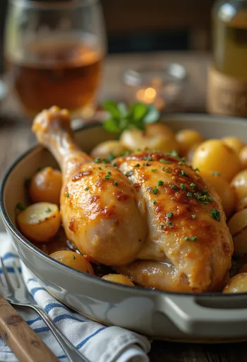 Paha ayam isi juicy disajikan dengan sayuran segar dan kentang.
