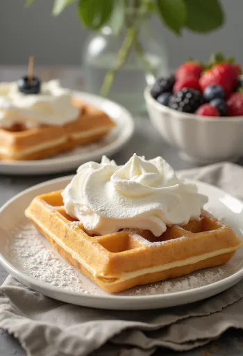 Wafel Brussels disajikan dengan krim kocok
