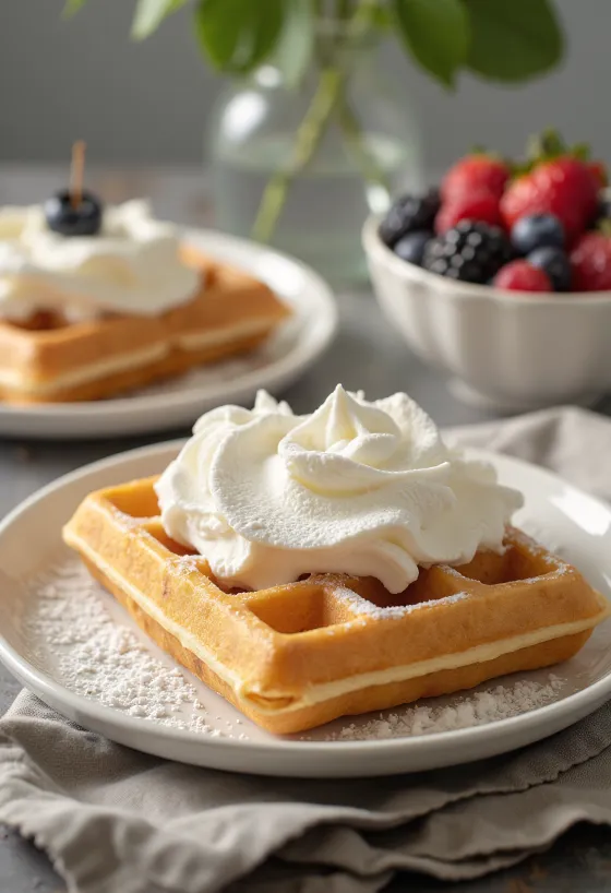 Wafel Brussels disajikan dengan krim kocok