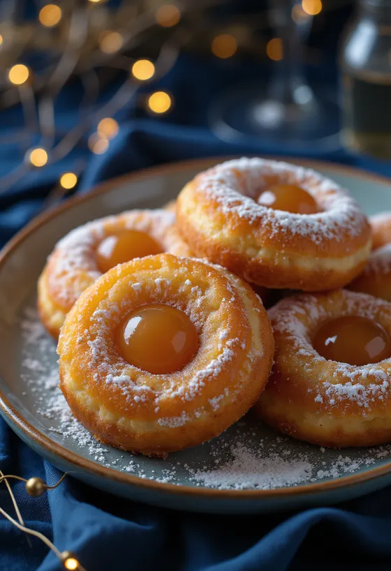 Donat karnaval ditaburi gula halus dan disajikan dengan selai