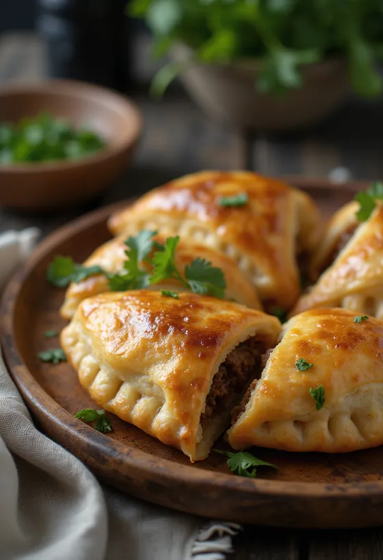 Empanada daging domba pedas dalam adonan cokelat keemasan