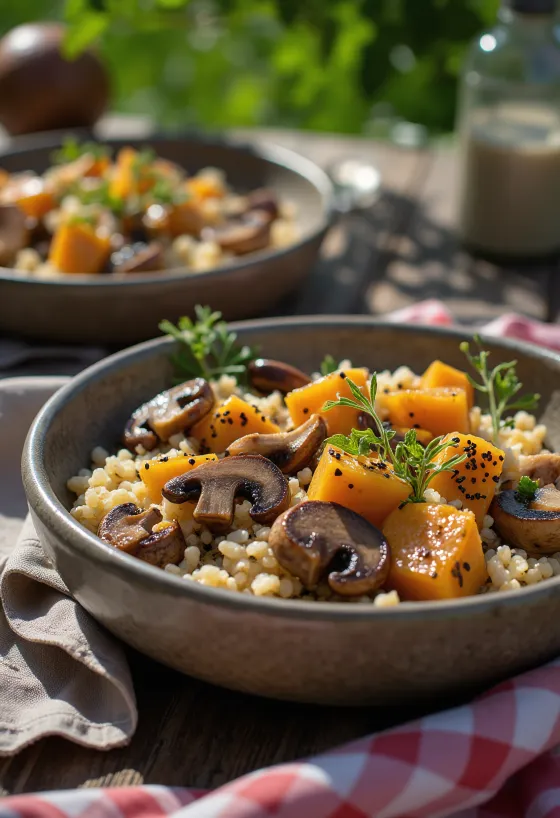 Buddha bowl quinoa jamur disajikan dengan sayuran segar