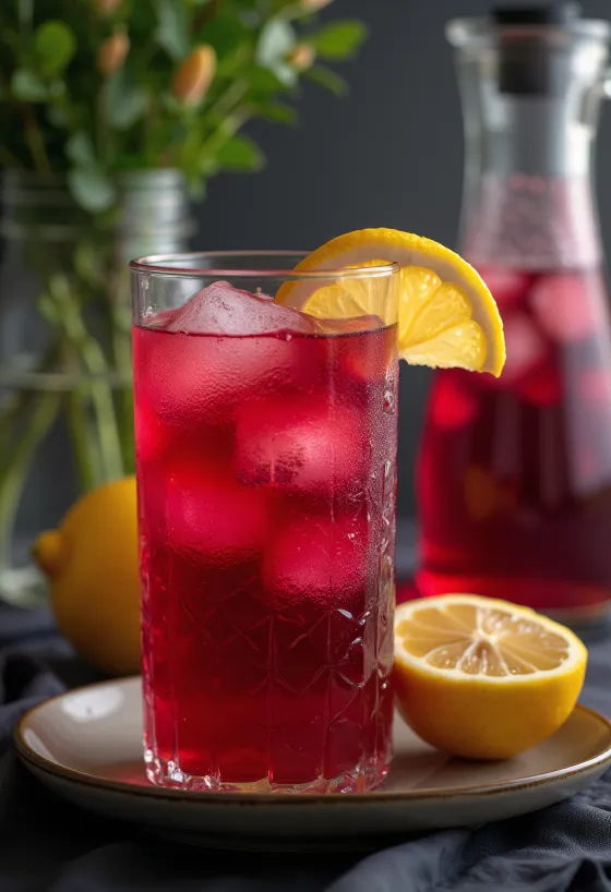 Limonade kembang sepatu disajikan dalam gelas