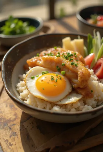 Katsudon, mangkuk nasi dengan katsu sapi dan telur setengah matang