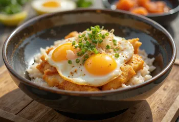 Katsudon, mangkuk nasi dengan katsu sapi dan telur setengah matang