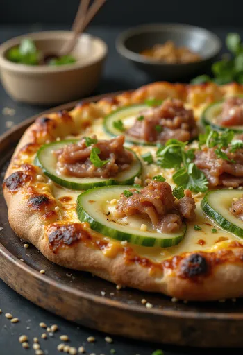 Peking duck pizza dengan irisan daging bebek dan timun