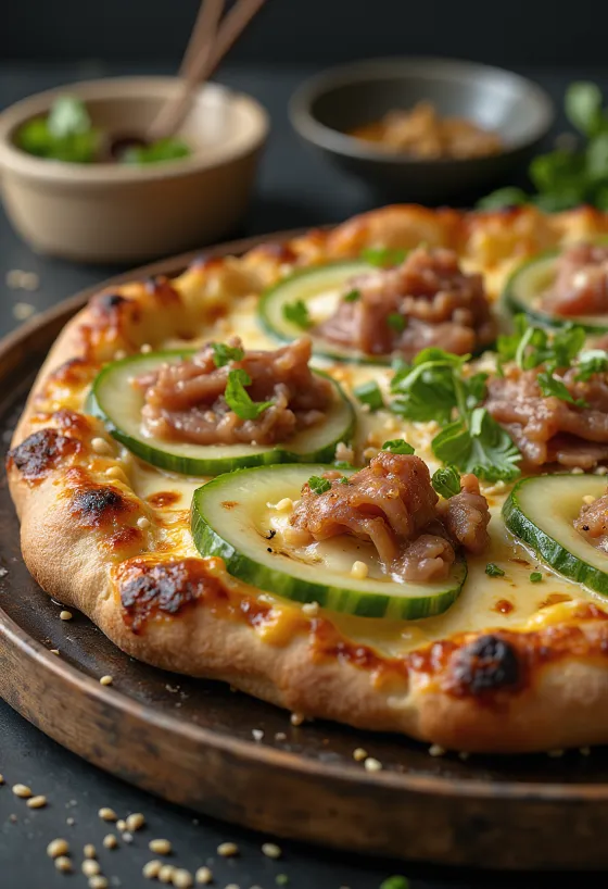 Peking duck pizza dengan irisan daging bebek dan timun