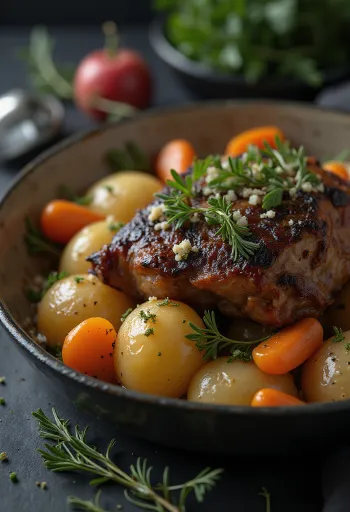 Daging marmut panggang disajikan dengan sayuran umbi di atas piring.