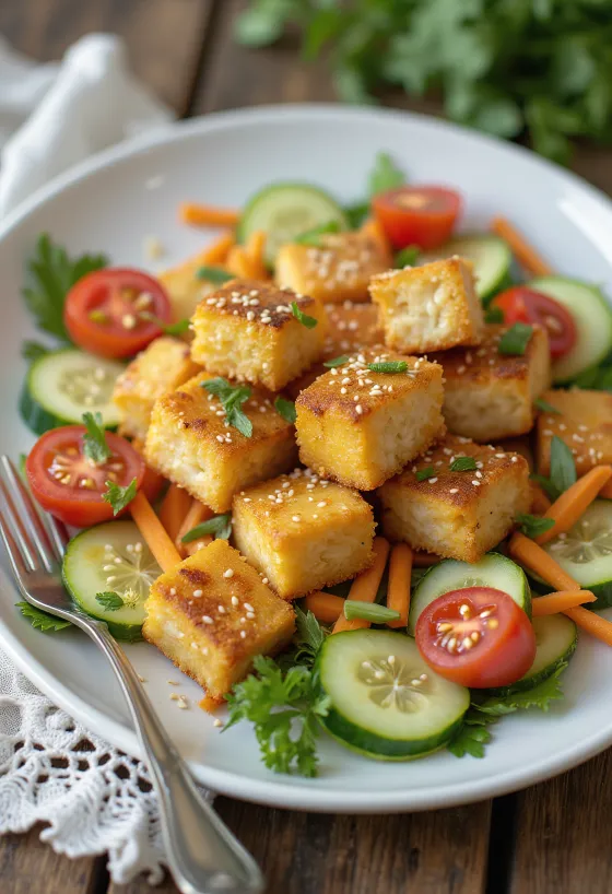 Tahu goreng disajikan dengan salad sayuran