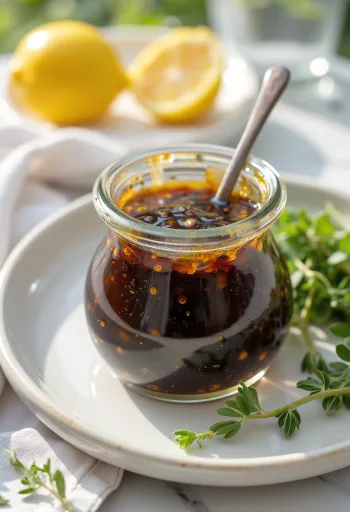 Saus cuka balsamik lemon tarragon disajikan
