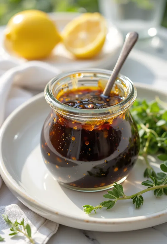 Saus cuka balsamik lemon tarragon disajikan