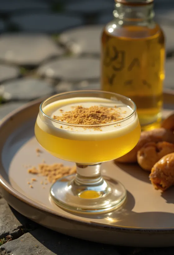 Likur telur rumahan dalam botol, dengan parutan pala di atasnya