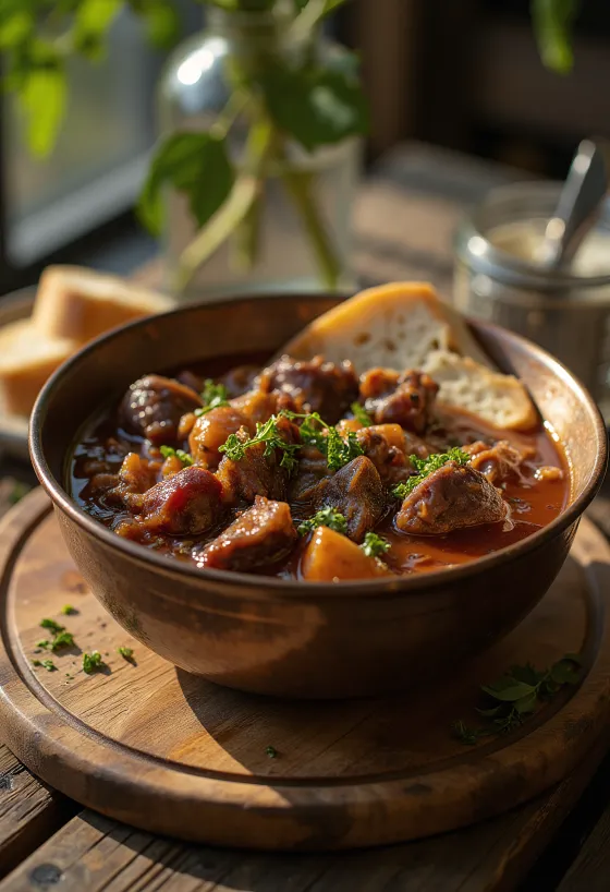 Semur daging sapi dengan potongan daging berkuah, disajikan dengan lauk kentang
