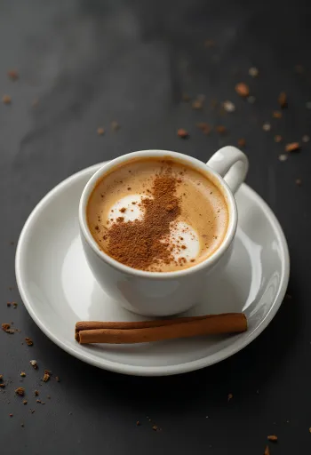 Kopi kayu manis dalam cangkir dengan krim kocok dan kayu manis