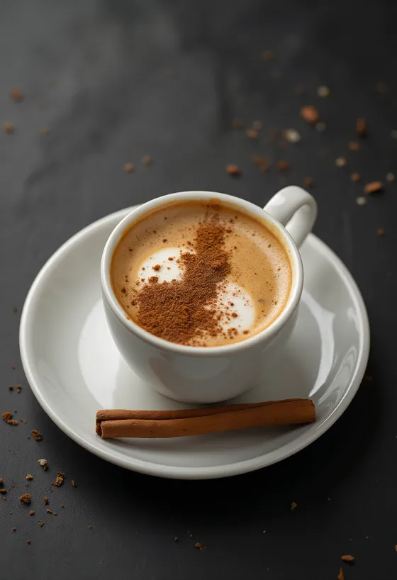 Kopi kayu manis dalam cangkir dengan krim kocok dan kayu manis