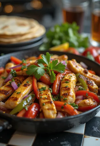 Potongan ayam fajitas berbumbu dengan paprika warna-warni