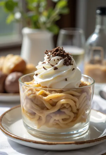 Pure kastanye dengan krim kocok dan hiasan parutan cokelat