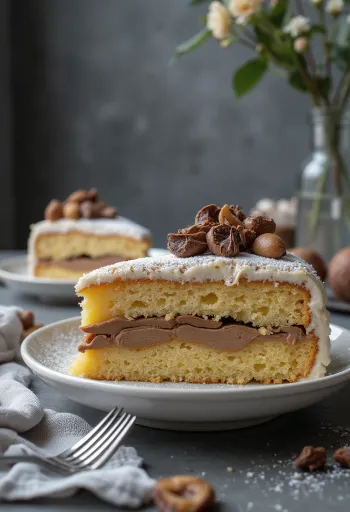 Kue chestnut dipotong-potong, dihiasi dengan cokelat