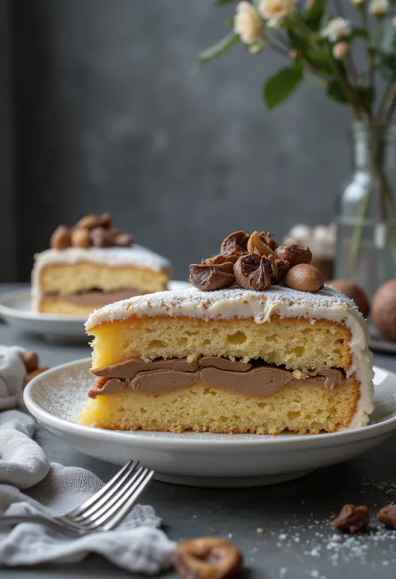 Kue chestnut dipotong-potong, dihiasi dengan cokelat
