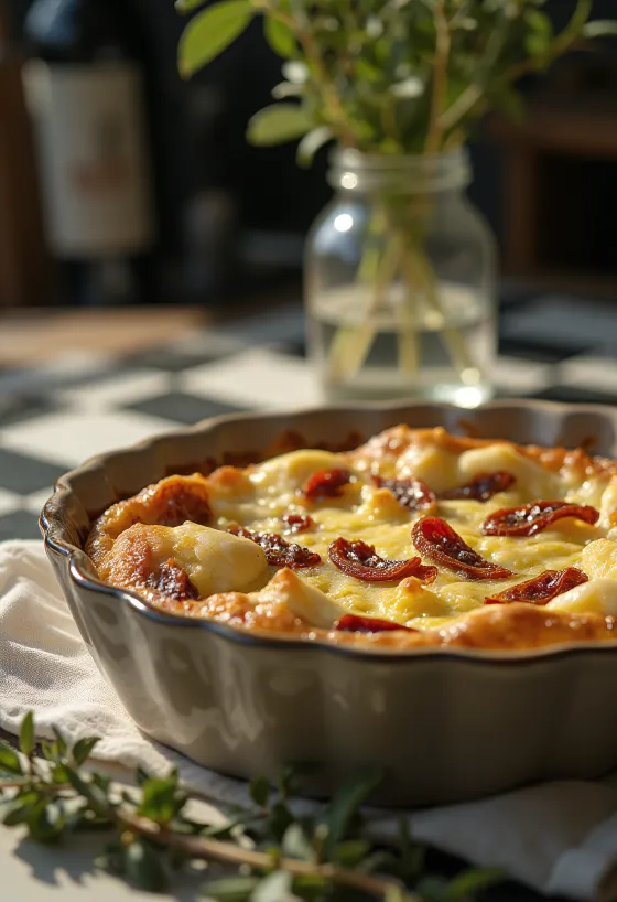 Quiche mozzarella dan tomat kering dalam penyajian pedesaan