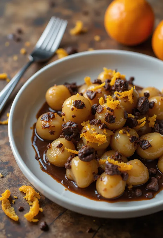 Gnocchi jeruk dan cokelat hitam disajikan