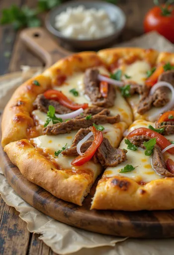 Philly cheesesteak pizza dengan irisan daging sapi dan keju leleh