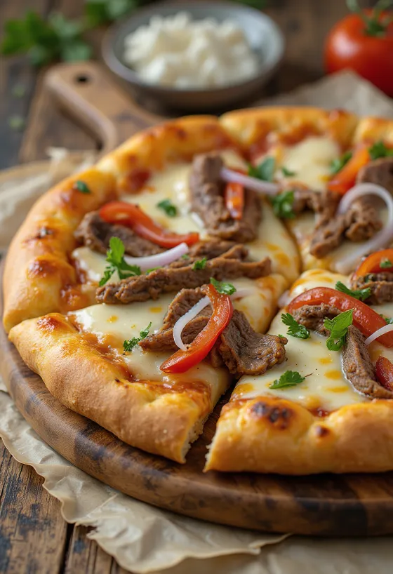 Philly cheesesteak pizza dengan irisan daging sapi dan keju leleh
