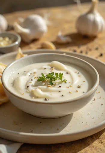 Saus bawang putih rosemary dalam mangkuk, disajikan dengan rosemary segar dan roti panggang.