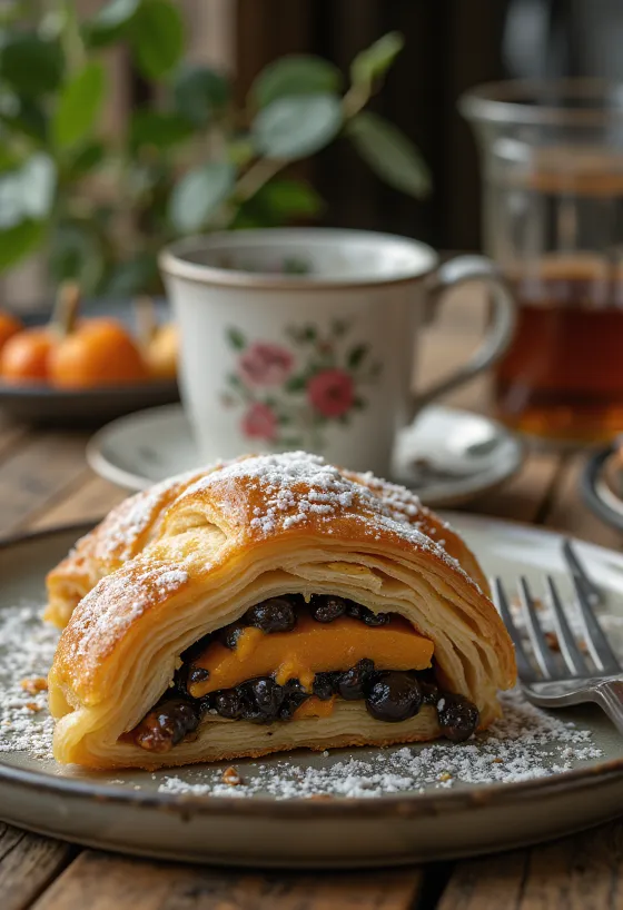 Strudel labu biji opium dipanggang cokelat keemasan, ditaburi gula halus