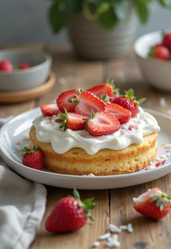 Kue stroberi vegan disajikan di piring putih