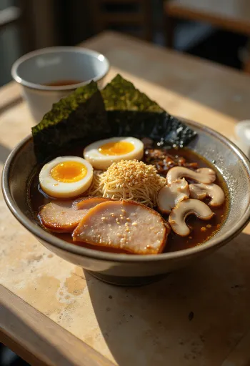 Wakayama ramen disajikan dengan kaldu sapi kecap asin