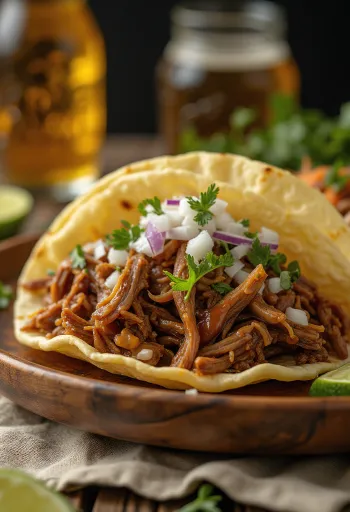Barbacoa disajikan dengan tortilla dan irisan jeruk nipis