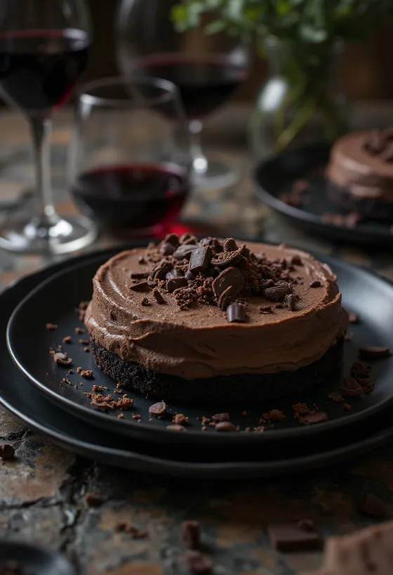 Kue mousse cokelat hitam dalam penyajian elegan