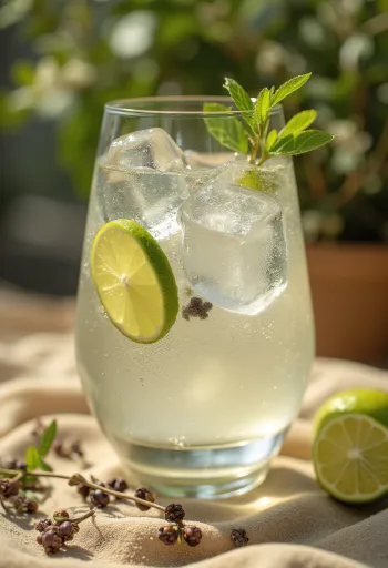 Gin Tonic dihiasi dengan irisan jeruk nipis dan es batu