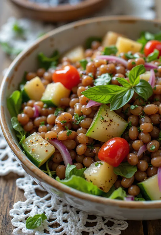 Salad lentil dengan cuka balsamic dan sayuran segar