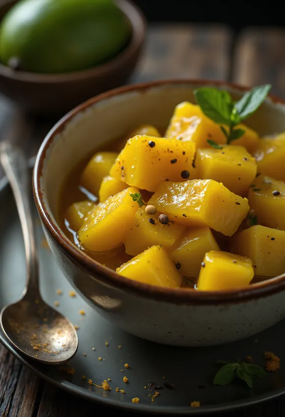 Acar mangga pedas dalam toples kaca