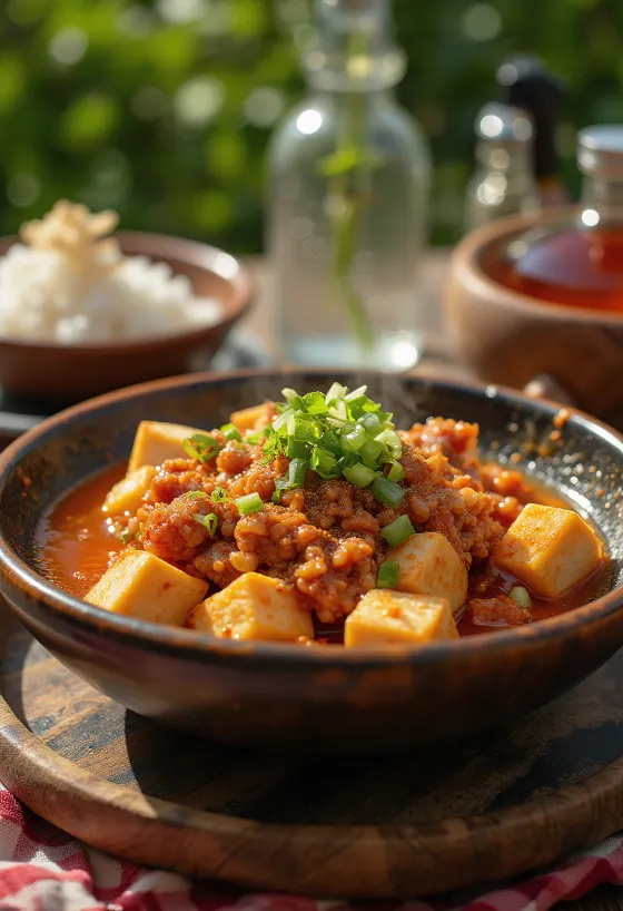 Mapo Tofu, tahu Sichuan dengan daging sapi cincang dan saus pedas