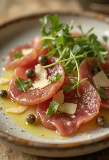 Carpaccio sapi dengan truffle disajikan dengan elegan
