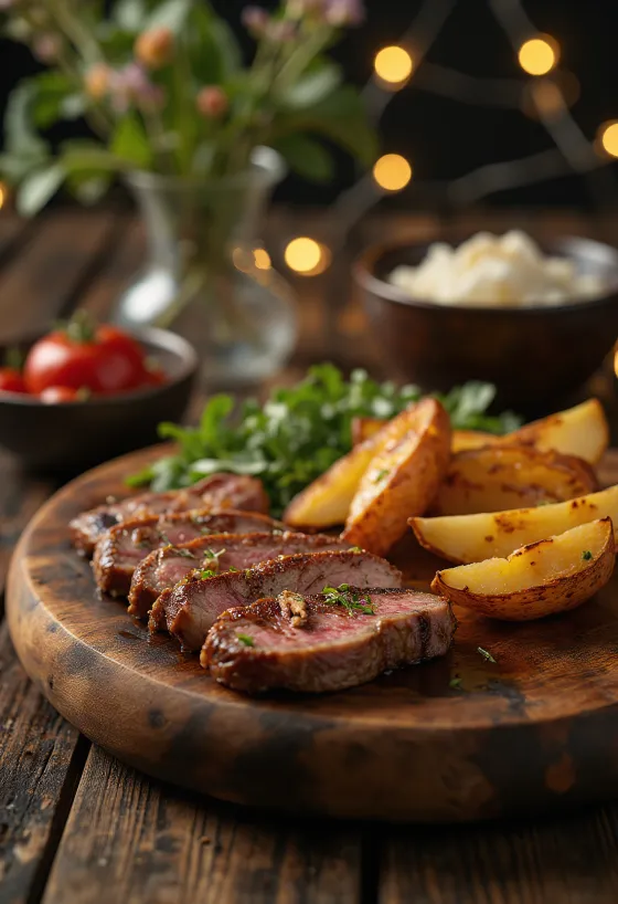 Daging sapi bakar disajikan dengan kentang dan salad