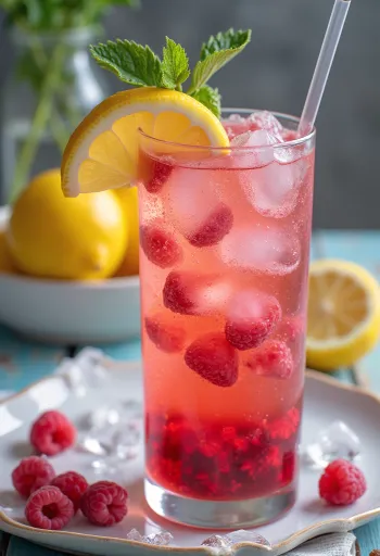 Lemonade raspberry dengan raspberry segar dan irisan lemon