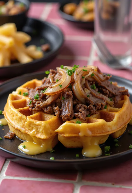 Wafel Philly cheesesteak baru dipanggang dengan daging sapi, paprika, dan keju provolone