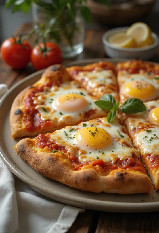Pizza a caballo dengan telur mata sapi di atasnya